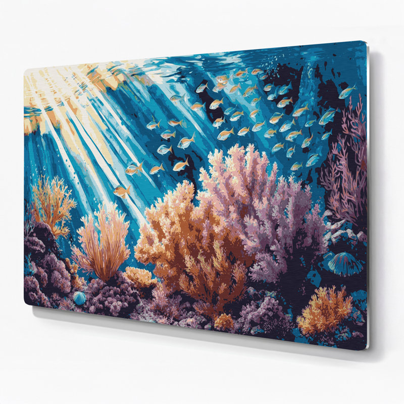 Art mural en métal, scène de récif côtier mauve, H 132 po x l 168 po x P 0,05 po