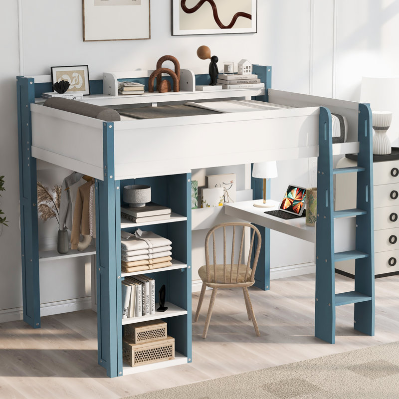 Lit mezzanine double en bois avec garde-robe et bureau intégrés, Bleu / blanc