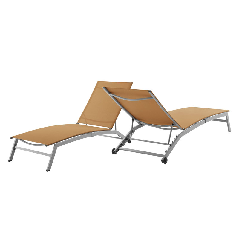 Cand 77.5" Long Metal Reclining Armless Single Chaise Lounge with PVC-coated polyester Sling Seat and Wheels, Gray, Orange