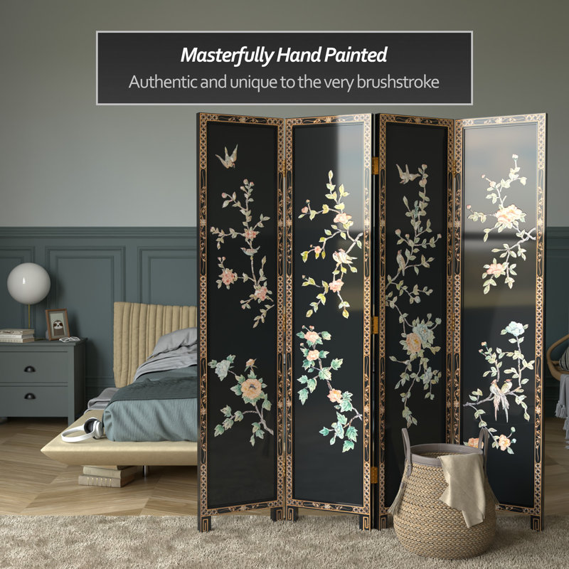 6 Ft. Tall Black Lacquer Room Divider - Birds And Flowers