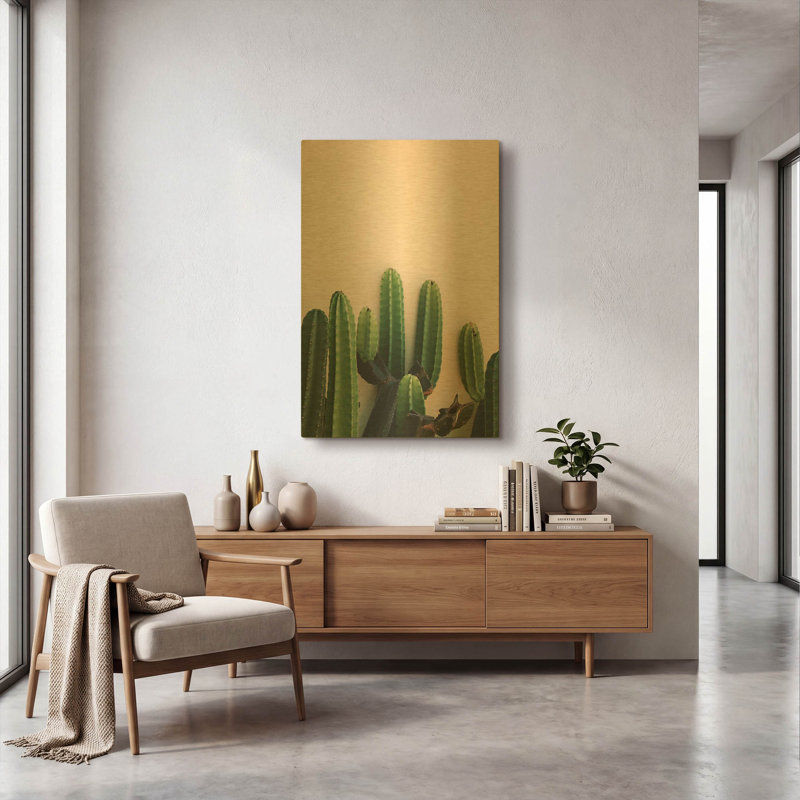 «Cactus on Pink» par Incado, art mural en métal doré, 24 po x 36 po, 24"x36"