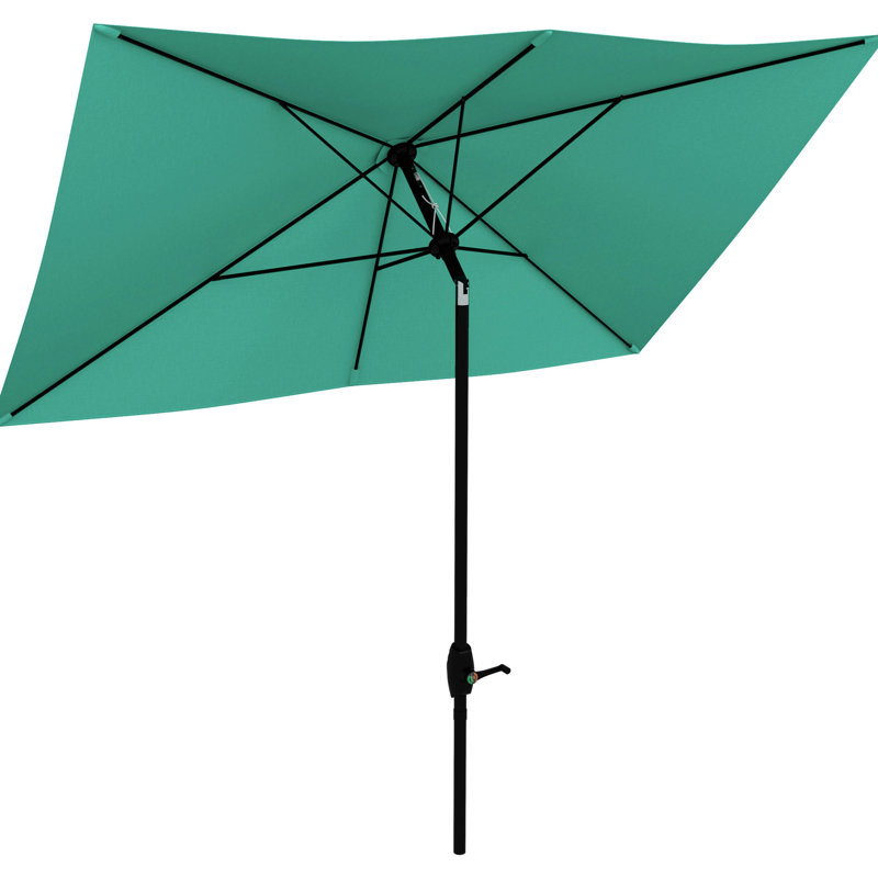 Parasol de patio de 6,5 pi x 10 pi, housse de protection 50+, manivelle et inclinaison faciles, parasol d'extérieur rectangulaire bleu sarcelle, protégé, système pratique