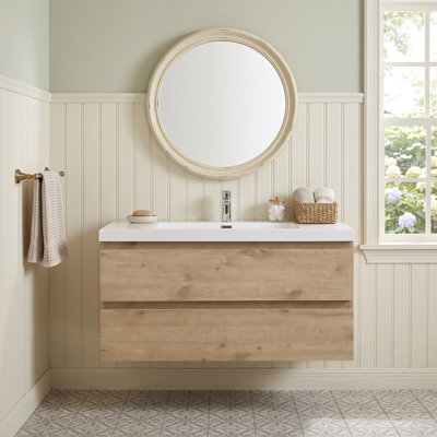 Meuble-lavabo mural en mélamine de bois de 42 po, aspect bois naturel, résistant à l'usure, aux égratignures et à la porosité, surface facile à nettoyer, préassemblé