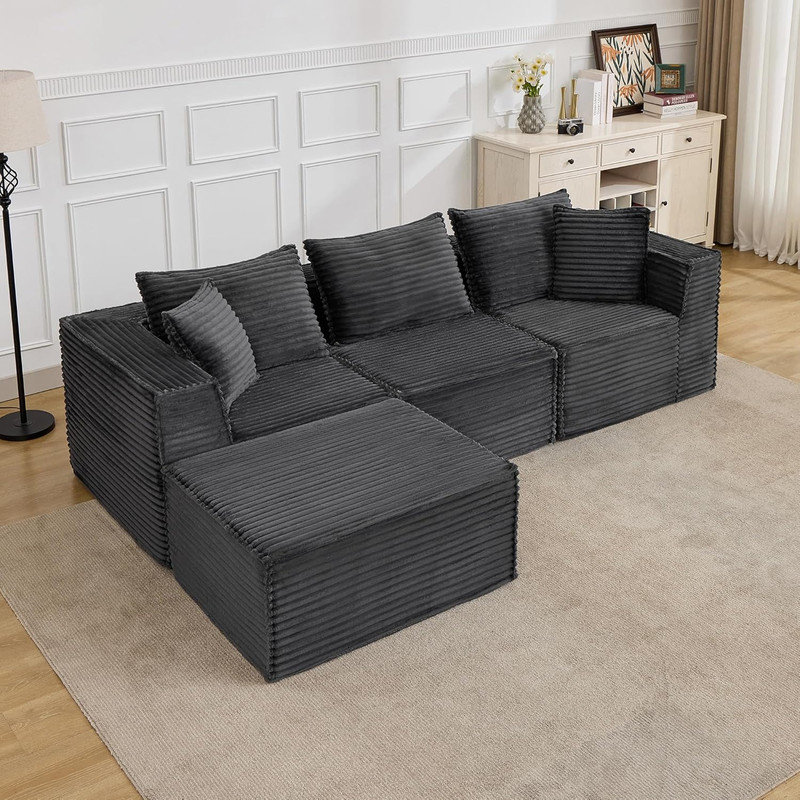 Canapé modulaire de 107 po avec 1 repose-pieds et canapé en forme de L pour le salon, sans assemblage, Gris, 3