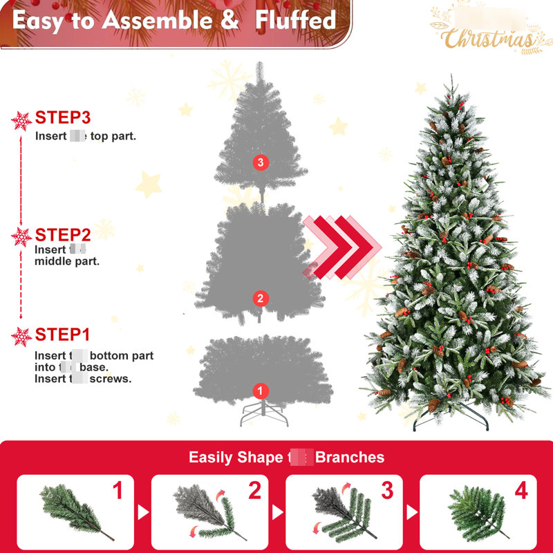 Arbre de Noël de 7 pi contenant 2178 pointes, baies rouges vives, pin naturel, branches pe + neige, conception à charnières à assemblage rapide, support en métal fiable pour les décorations saisonnières