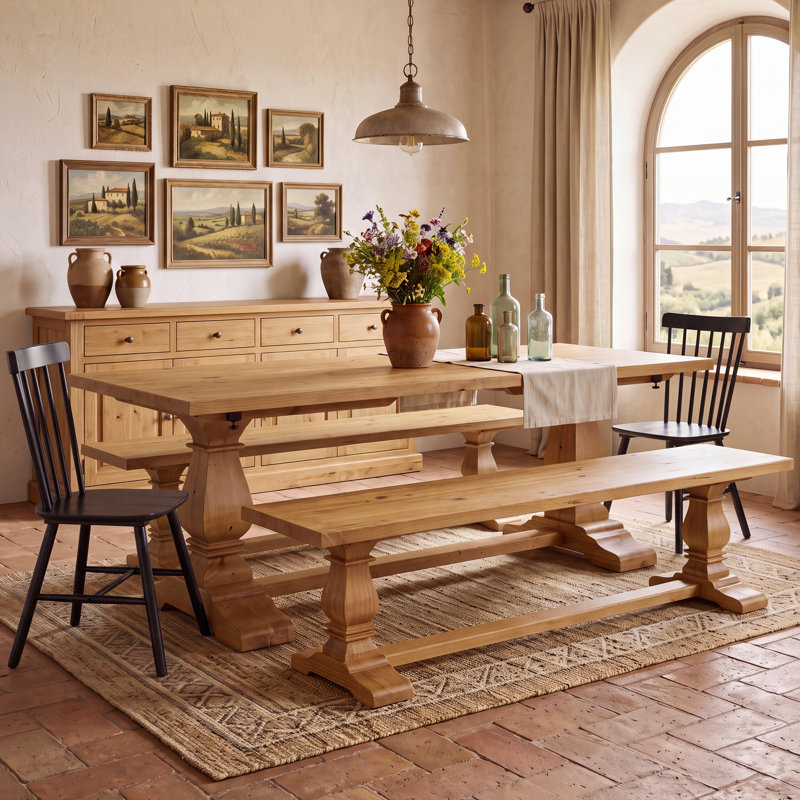Ensemble de table de salle à manger en bois massif récupéré, 5 pièces: table, 2 chaises, 2 bancs, Naturel, Noir