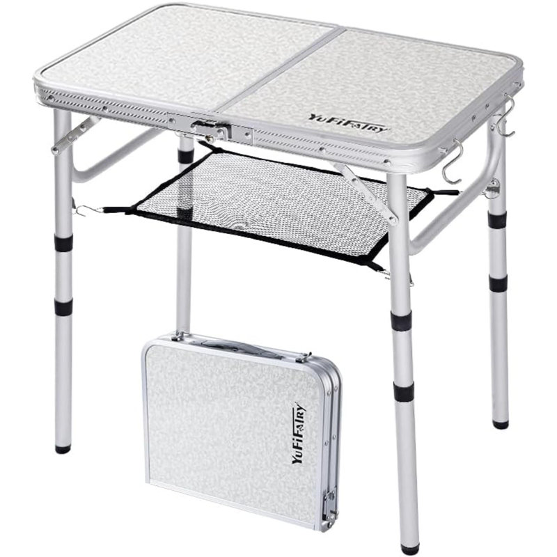 Table de camping pliante, table portative avec 3 tables de pique-nique réglables et pliables en aluminium léger avec couche en filet et pieds d'extension pour véhicule récréatif, barbecue et intérieur