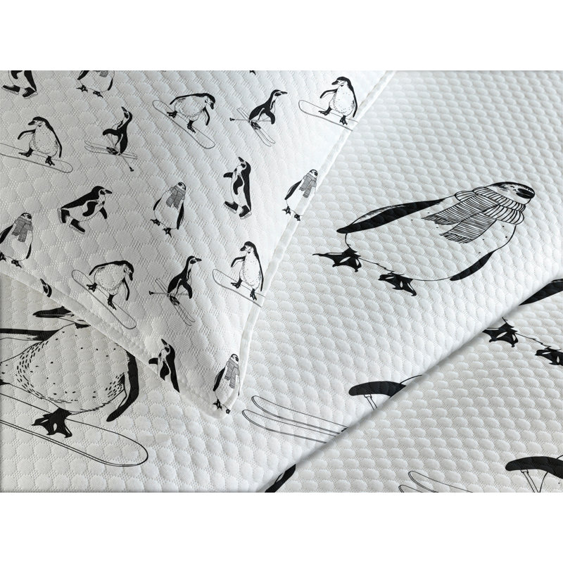 White Quilted Queen Bedspread Set with Penguin Design