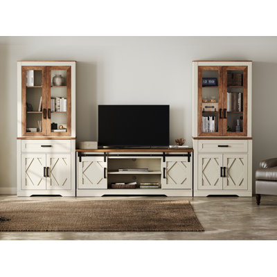 Farmhouse Mid-Century Modern TV Stand, Entertainment Center For 75" TV, 73"H 5-Tier Tall Bookcase, Open Storage & Barn Doors For Living Room, Bedroom, White Oak