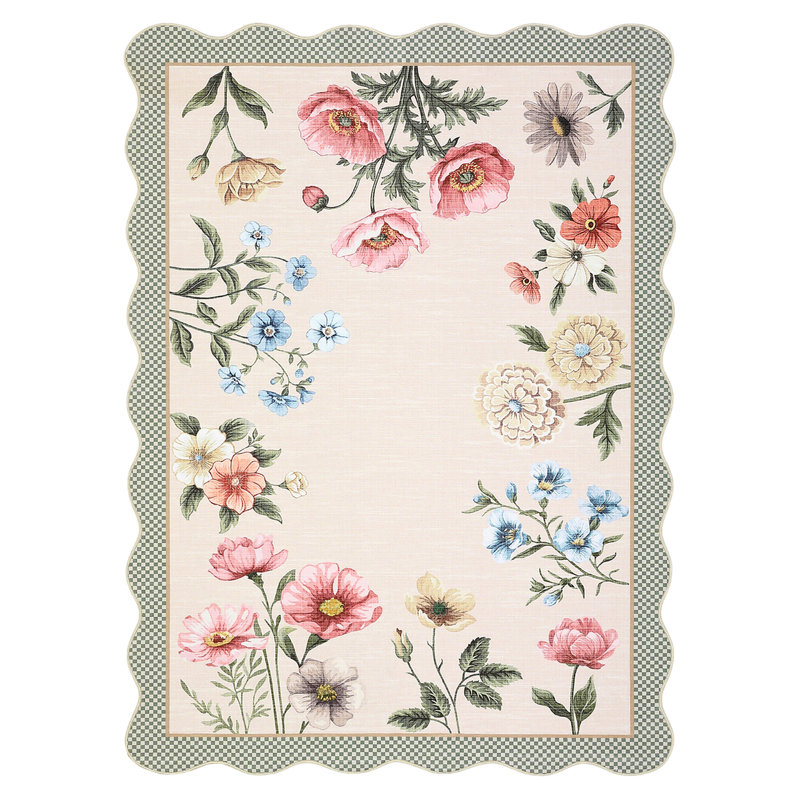 Farmhouse Floral Machine Washable Rug with Non Slip TPR Backing, Soft Non Shedding Scalloped Carpet, Low Pile Thin Floor Mats