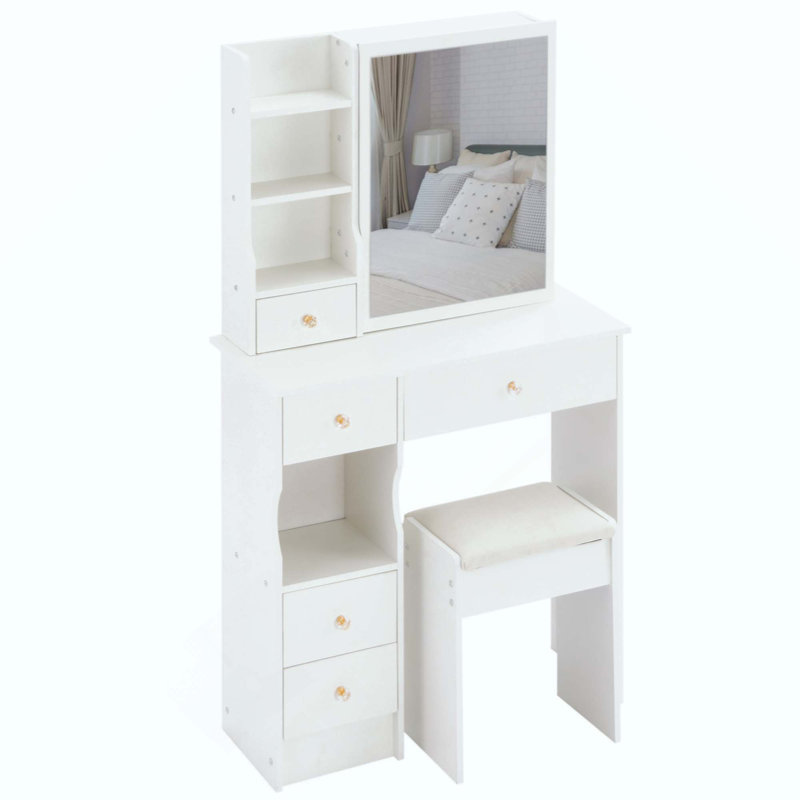 Small Space Left Drawer Desktop Vanity Table + Cushioned Stool, Extra Large Right Sliding Mirror, Multi Layer High Capacity Storage, Practical Fashionable Dresser, Suitable For Small Space