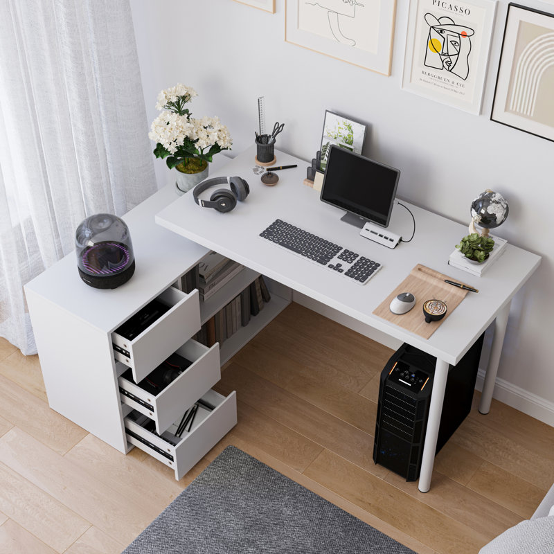 Shalonda L-shaped Home Office Computer Desk, White/White