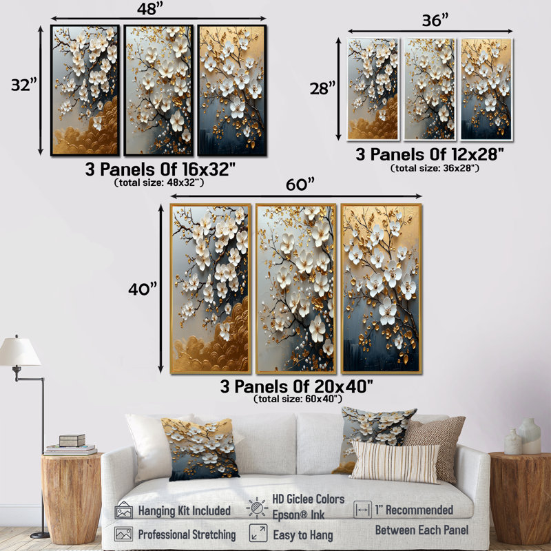 Bonzai Blossom Branch I - Collection d'art mural Cherry Blossom, H 32 po x l 48 po, Impression encadrée flottante