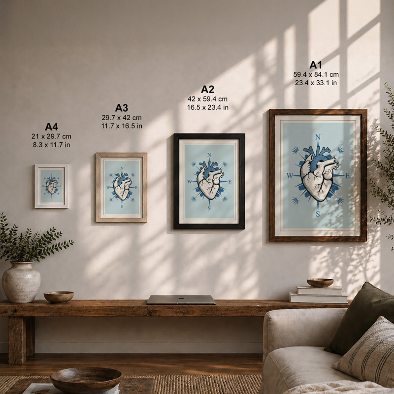 Compass Heart Minimalist - Framed Print, A4 - 29.7 x 21.0 cm, Oak