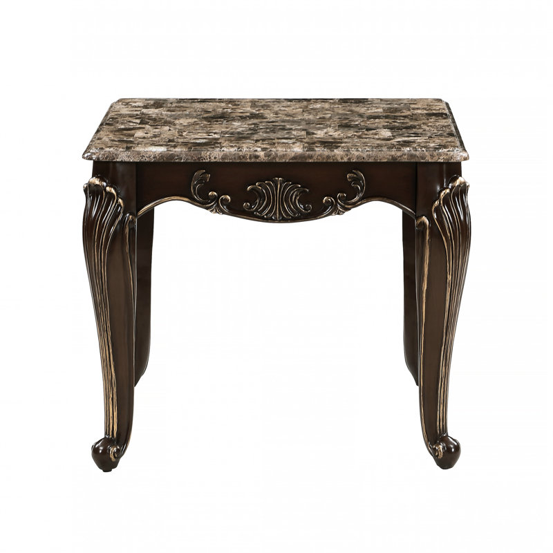Table de bout de luxe en marbre 1pc de luxe avec finition cerisier et inclinaison dorée, conception rectangulaire, pattes classiques, garniture formelle à extrémités en H 28 po x 26 po