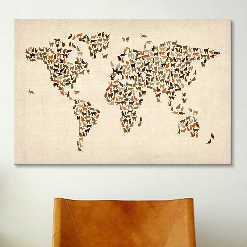 « chats world map ii »-impression sur toile tendue Karlskrona, H 26 po x l 40 po x P 1,5 po, Toile tendue, Pas de tapis