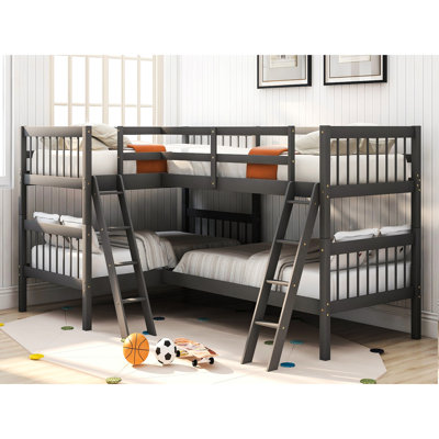 Gray L-shaped Bunk Bed With . Solid Wood. Versatile And Stylish. Perfect For Extra Sleeping Guests. No Spring Box. Safe Guardrails. 76"x 39" Size. 175lbs/275lbs Weight Limits. Assembly Required Bed,