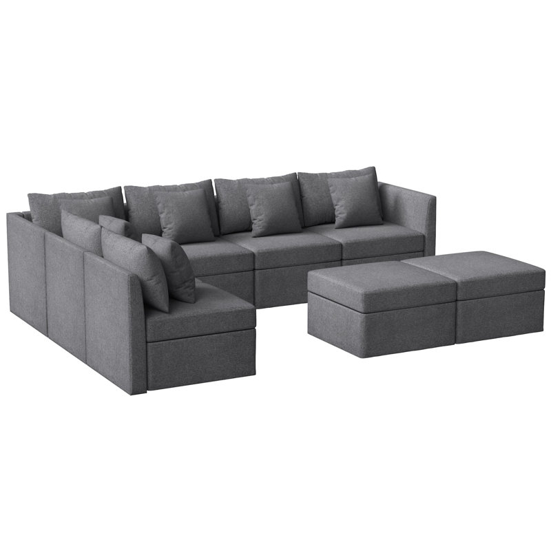 8 - Piece Upholstered Modular Sectional Sofa Convertible L Shaped Couch With Storage Ottoman, Britaney Dark Gray Polyester
