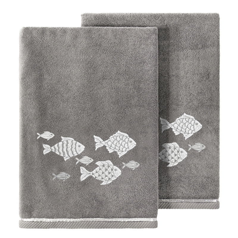 FIGI 2PC Embellished Bath Towel Set Midweight Bath Towel, Charcoal
