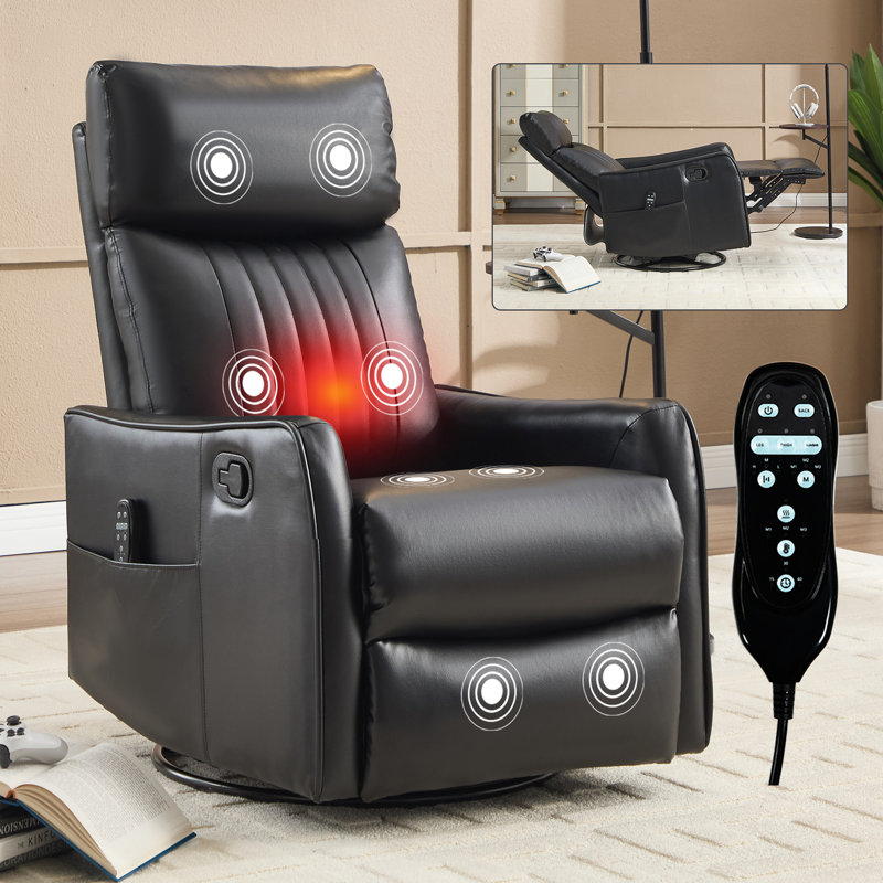 Faux Leather Heat Massage Manual Recliner Chair With Rocker And Swivel, Black