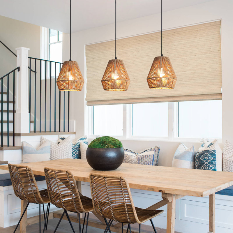 (Set Of 3) 7" Wide Matte Black Pendant, Rustic Paper Rattan Woven Pendant Lights With Hand-Woven Basket Lampshade