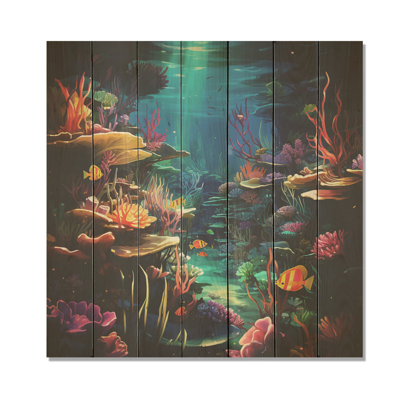 Blue Underwater Reverie - Coastal Coral Under Water sur impression sur bois, H 15 po x l 15 po