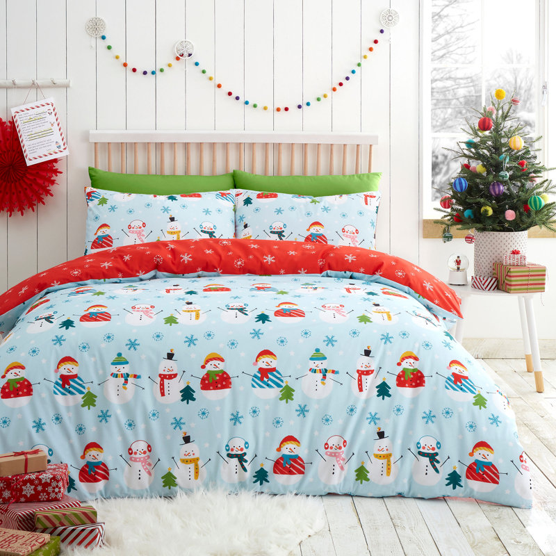 Christmas Snowman Polyester Block Print Duvet Cover Set with Pillowcases Included, Single Duvet Cover + 1 Standard Pillowcase