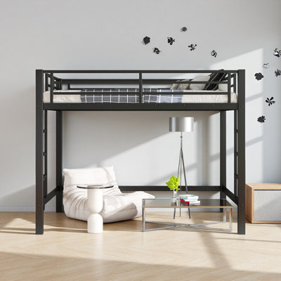 Metal Loft Bed, Loft Bed With Easy Climbing Ladder And Guardrails