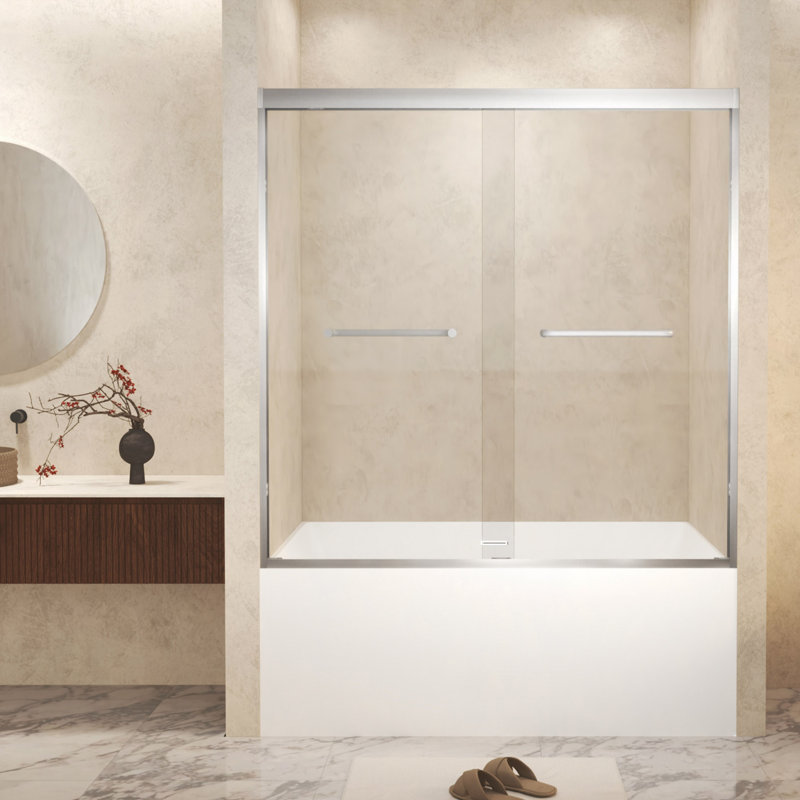 56-60" X 60" Tempered Glass With Explosion Proof Film, Aluminum Frame Double Sliding Shower Door, "1/4 (6 Mm), Stainless Steel Handle