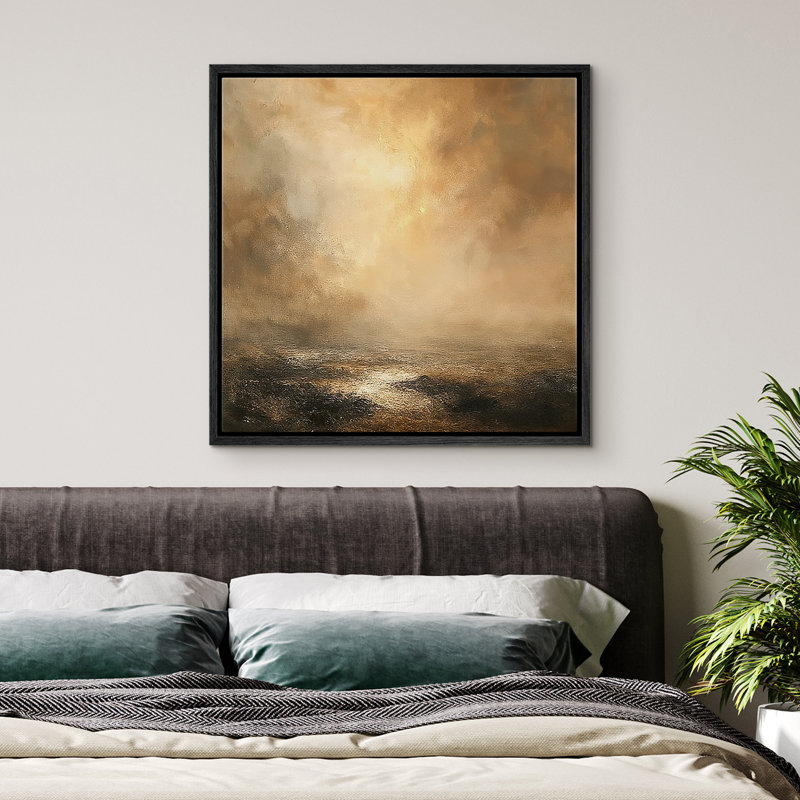 Framed Canvas Wall Art Abstract Landscape Print for Neutral Decor, Black, 24" H x 24" W