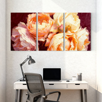 Pivoine douce pêche sur fond foncé, ensemble de 3 reproductions d'art sur toile