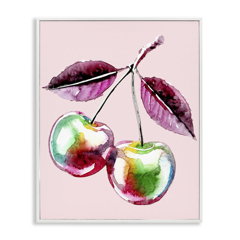 Cerise chromatique sur giclée rose encadrée, design par Lil 'Rue, H 20 po x l 16 po