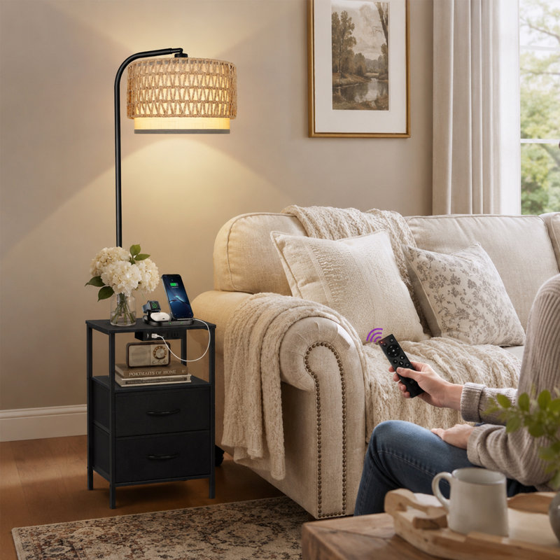 63.19" Floor Lamp With Table And Remote Control Wicker Double Lampshade End Table, Black