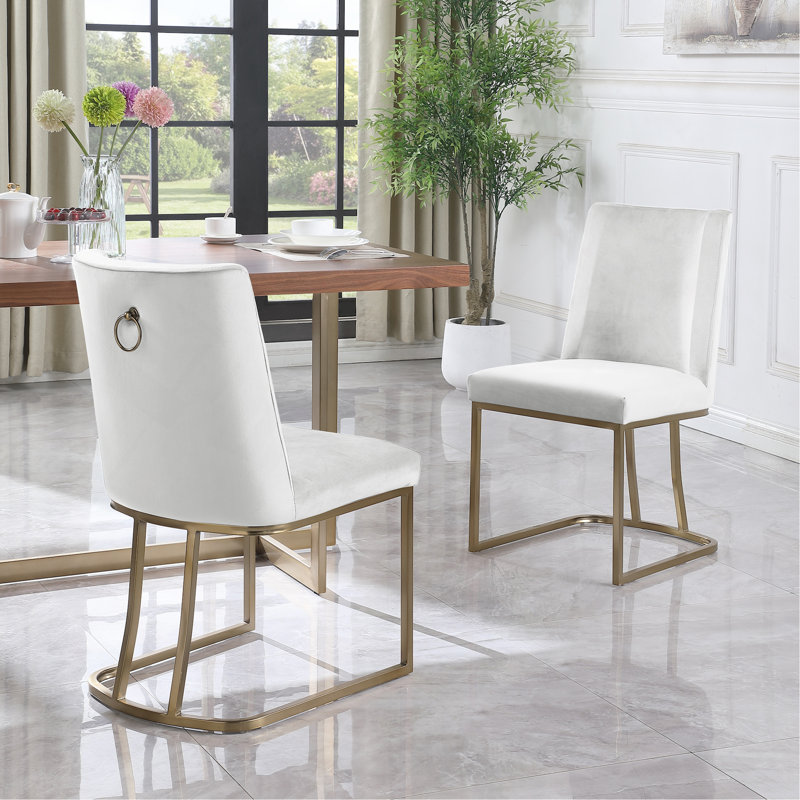 Chaises de salle à manger rembourrées en velours luxueux avec pieds élégants en métal doré, ensemble de 2