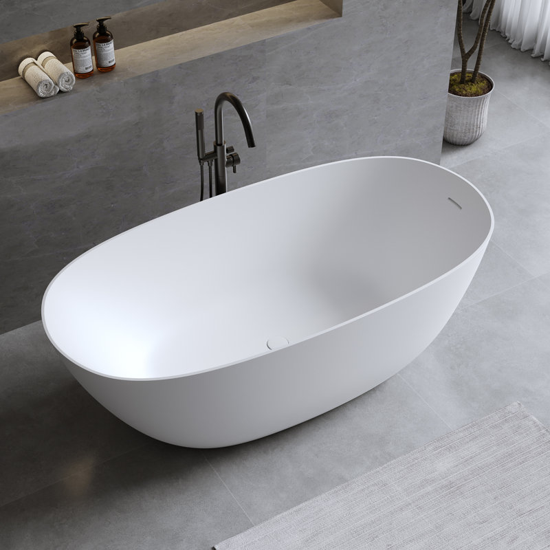 57" x 30.7" Freestanding Solid Surface Soaking Stone Resin Bathtub, Thick Edge Tubs with Overflow, Pop-up Drain, Matte White