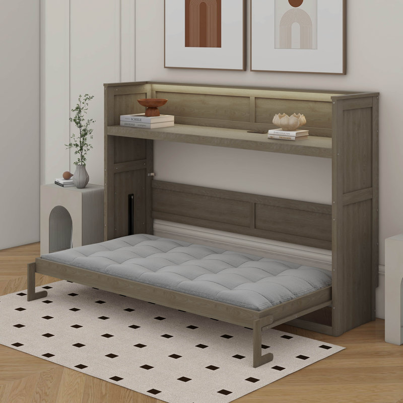 Lit escamotable simple TG avec bureau, lumière DEL et station de charge USB, Gris délavé