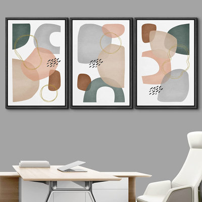 Impression sur toile encadrée de style Mid-Century coloré abstrait moderne Mid-Century 3 pièces