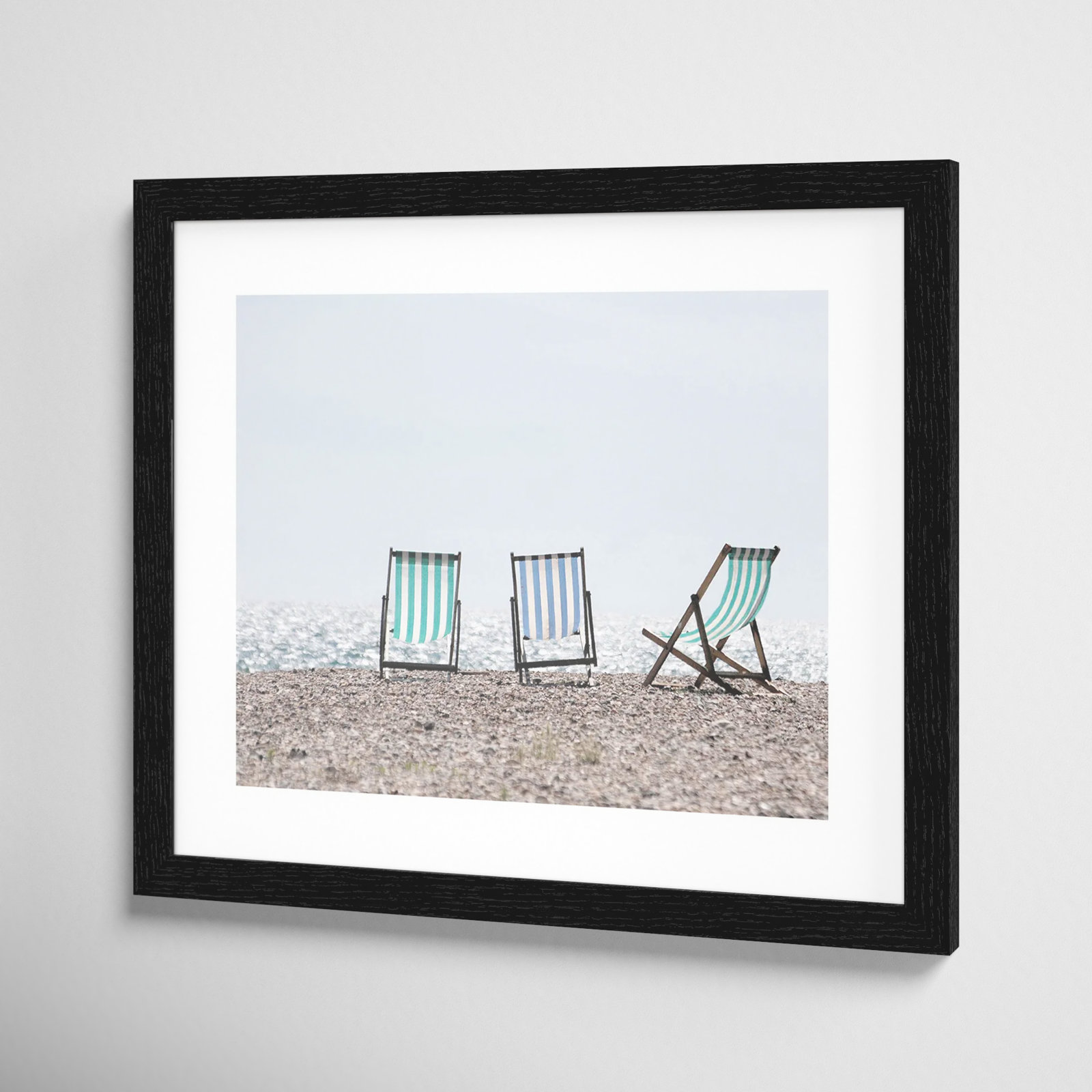 Adriatica "Beach Chairs" Print, 13" H x 15" W x 0.75" D, Black Wood Grain Framed Paper