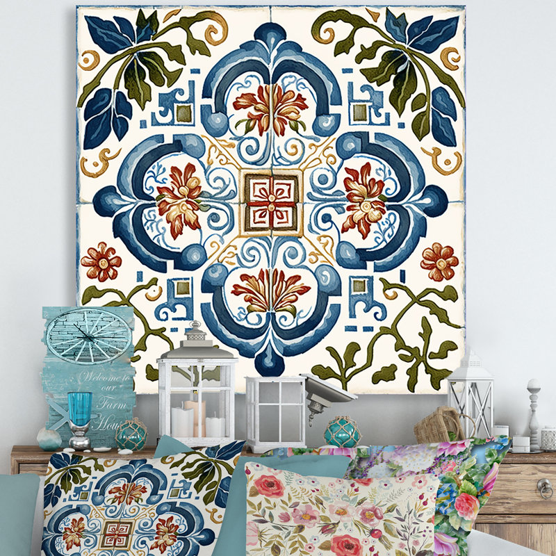 Motif de tuiles méditerranéennes rétro bleu I - abstrait, L 24 po x H 24 po, Toile tendue