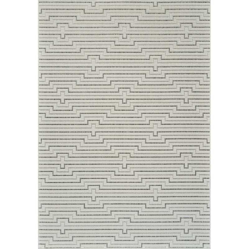 8' X 10' Cream and Beige Geometric Distressed Indoor Outdoor Area Rug