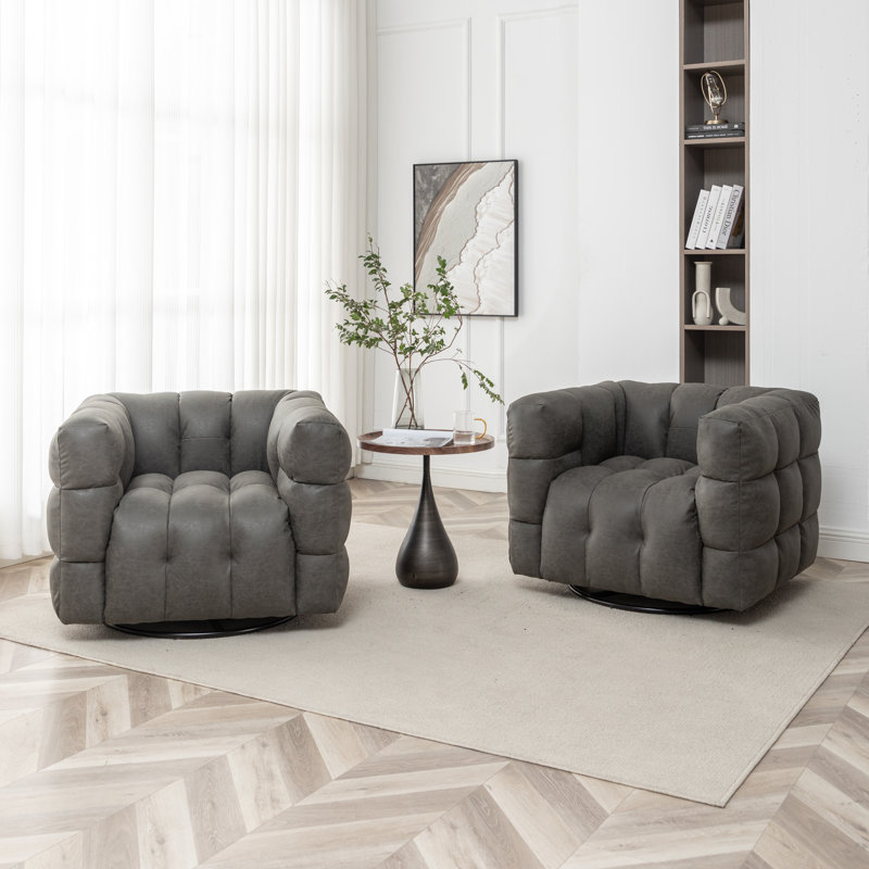 Ashyiah 38" Wide Tufted Swivel Chair with Square Arm, Charcoal Polyester