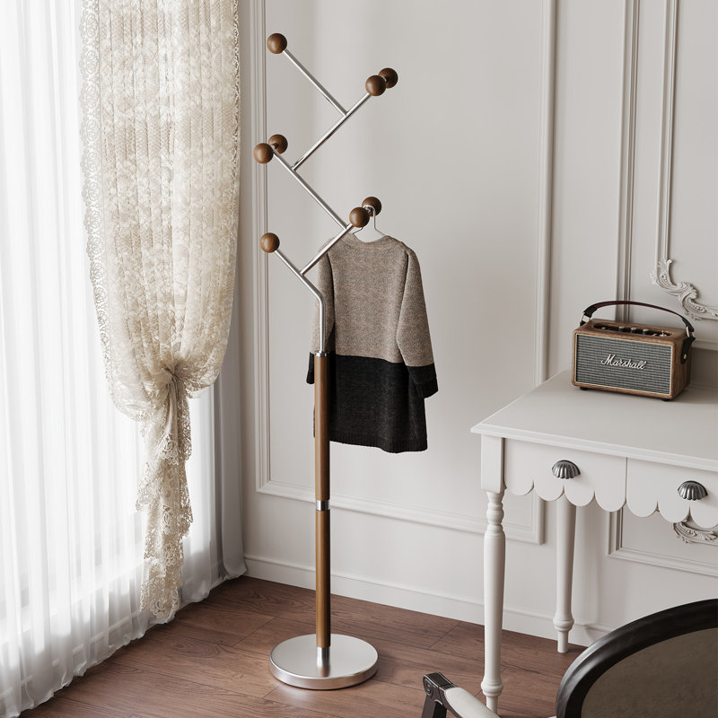 8 Hooks Freestanding Coat Rack with Solid Rubberwood and Stainless Steel Marble-Inset Base