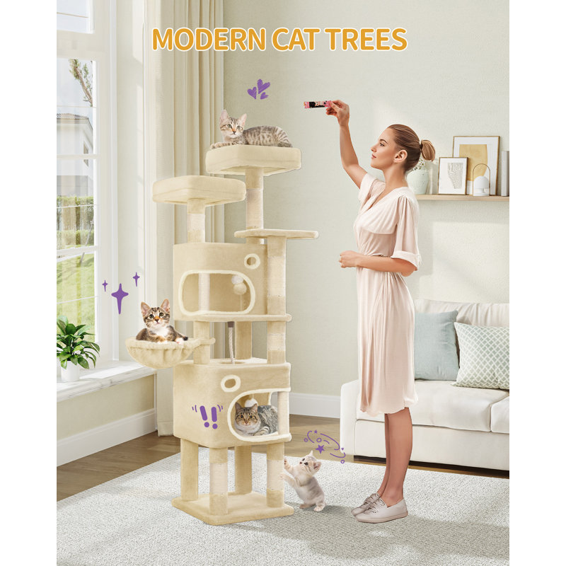 159 cm Cat Tree for Indoor Cats, Cat Tower, Multi-Level Cats Condo with 8 Scratching Posts, 3 Platforms, 2 Caves, Basket, Plush Balls, Sisal Rope, Anti-Tip Kit