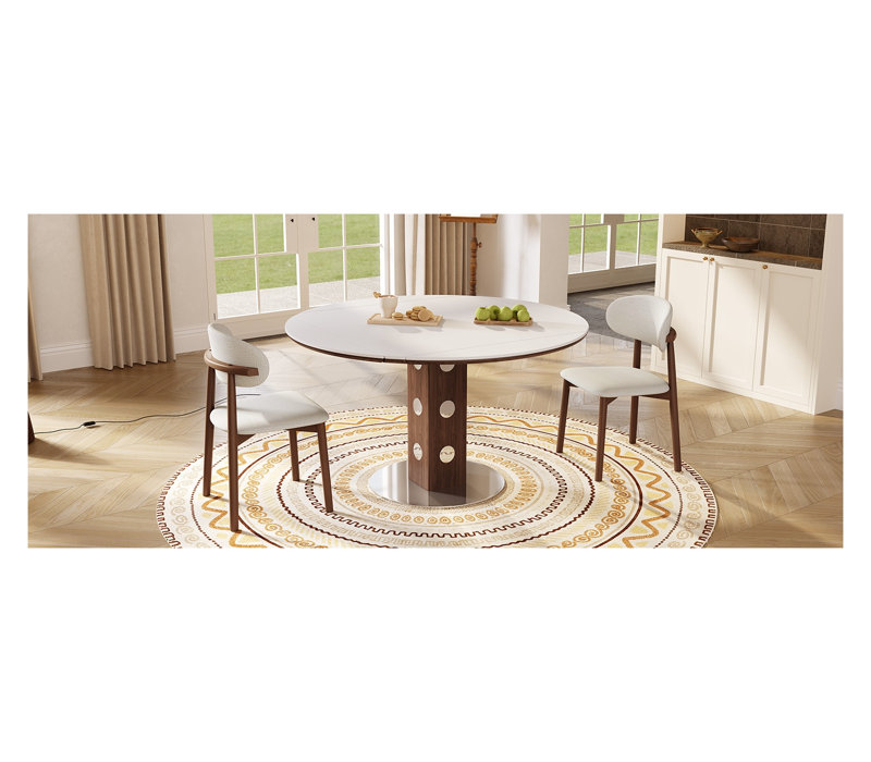 Table de salle à manger extensible ronde 47,2 po, conception pliable pour 4 à 6 personnes, plateau en pierre frittée avec base en bois massif et métal, blanc et noyer