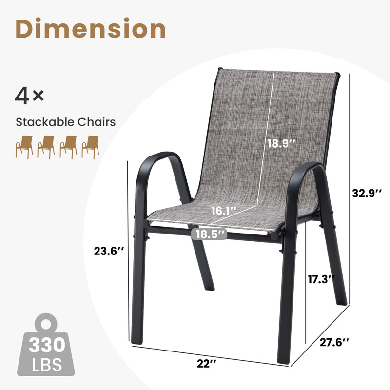 Ensemble de 4 chaises de salle à manger d'extérieur empilables avec tissu Textilène et résistance aux intempéries, Gray;Black