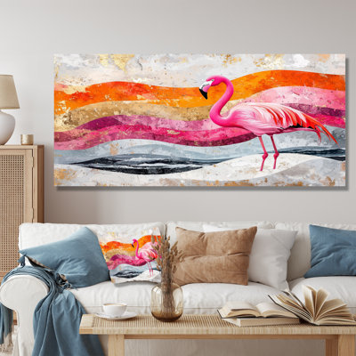 Or rose, flamant rose sur un paysage de plage audacieux I - reproduction d'art moderne en métal, décoration murale en métal flamant rose