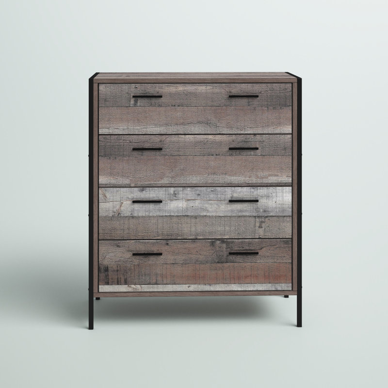 Rustic Reclaimed Barnwood Laminate 4-Drawer Chest with Black Steel Base