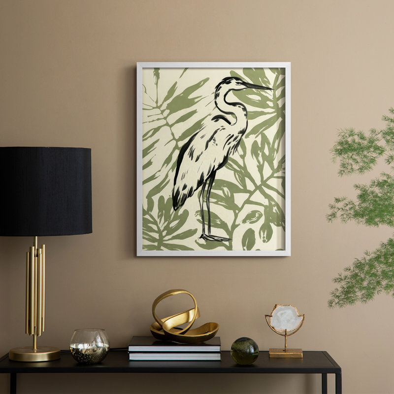 Retro Parlor Heron I, reproduction encadrée - bois massif, H 15 po x l 12 po, Blanc