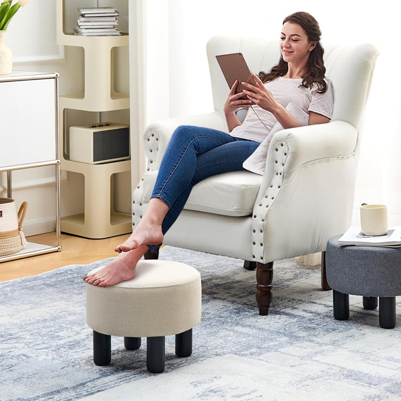 Wood Accent Stool, Beige Linen