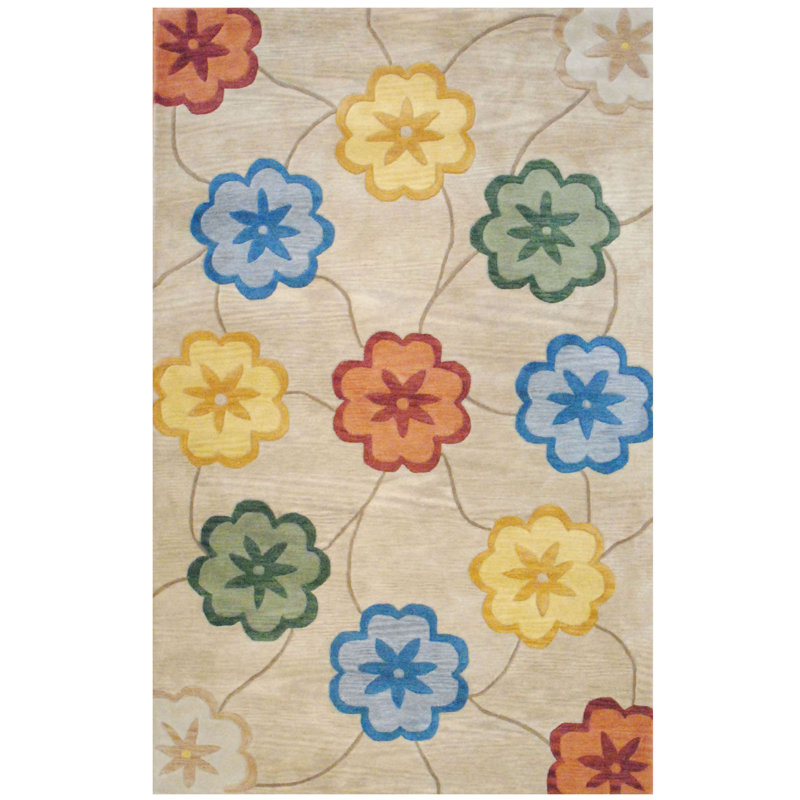Tapis beige / vert / bleu / jaune touffeté à la main, Rectangle 8 pi x 10 pi